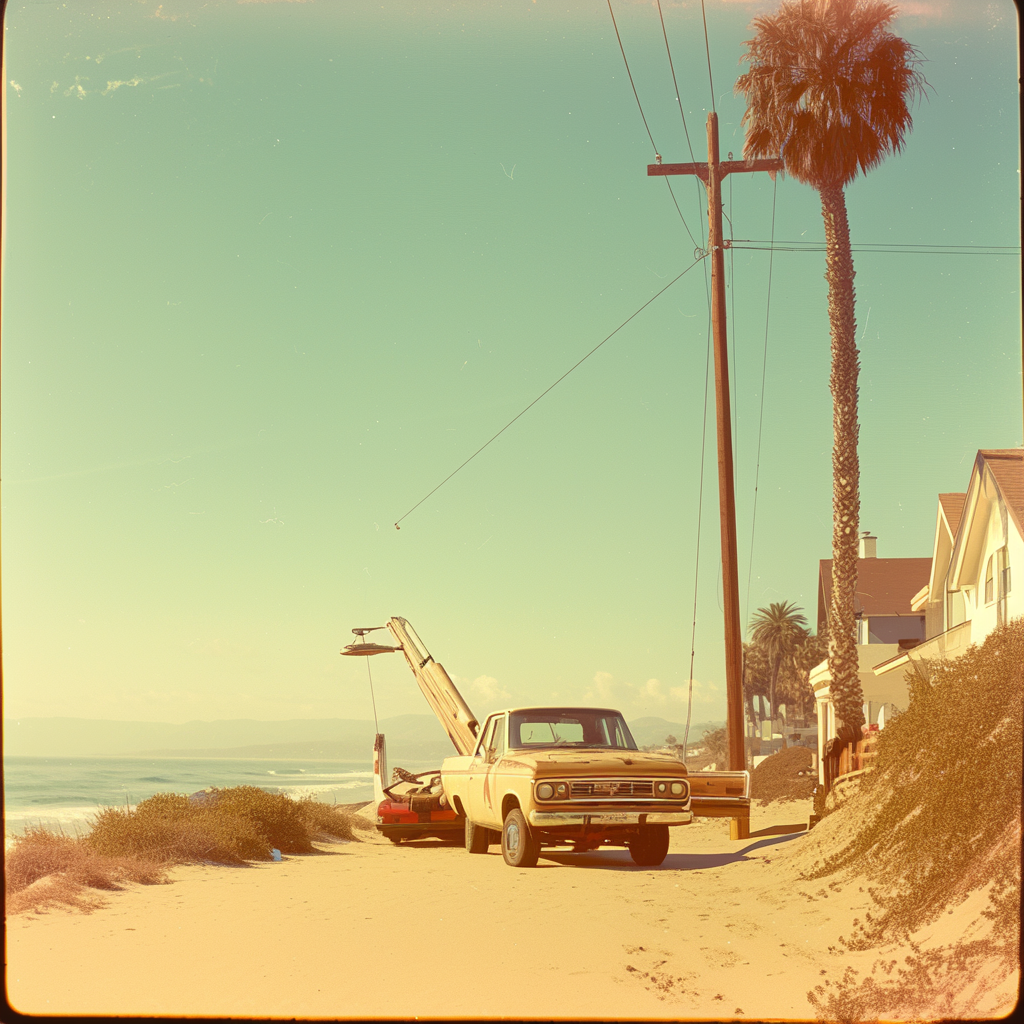 photo of a tow truck on the beach in the early 90s